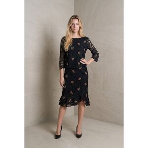 ZARA BASIC Dark Green Lace Embroidered Floral Set Top & Skirt S/M (009)
